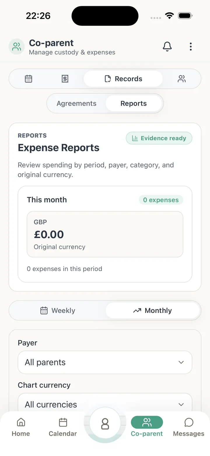 Tutola family shared expenses screen showing open, settled, and disputed balances