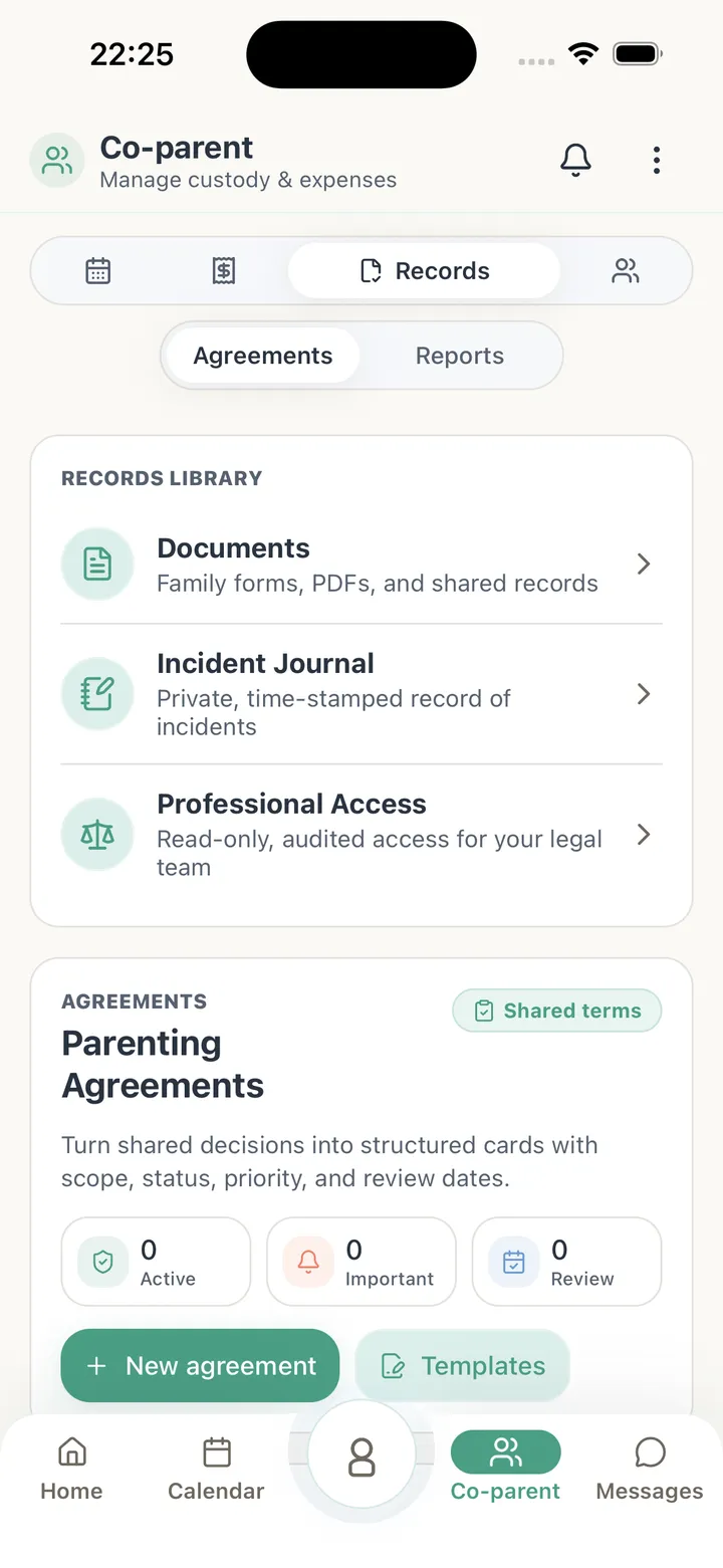 Tutola family records screen with the incident journal and document library